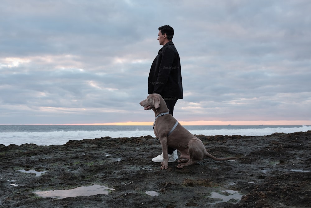 Ein Mann steht neben einem Hund an einem felsigen Strand