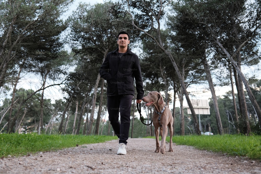 a man walking a dog down a dirt road