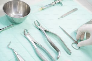 a table topped with surgical instruments and a bowl