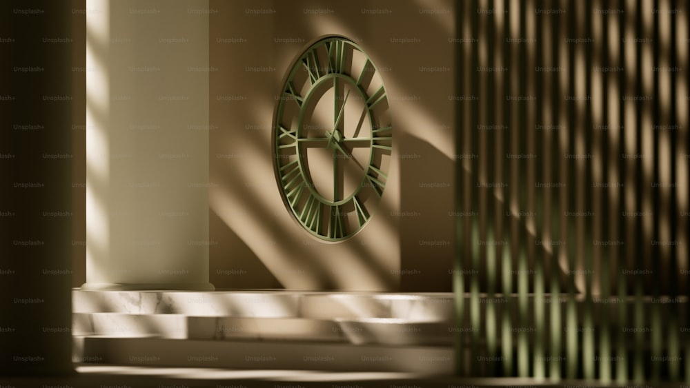 a clock sitting on the side of a wall next to a window