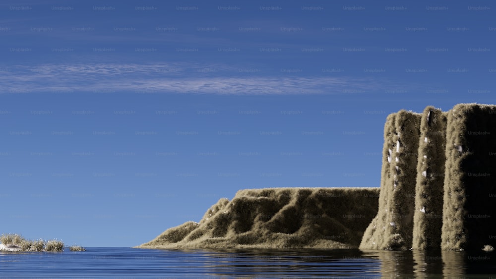 a body of water with a large rock formation in the middle of it