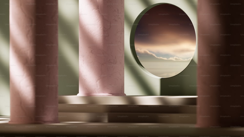 a painting of a view of the ocean through some pillars