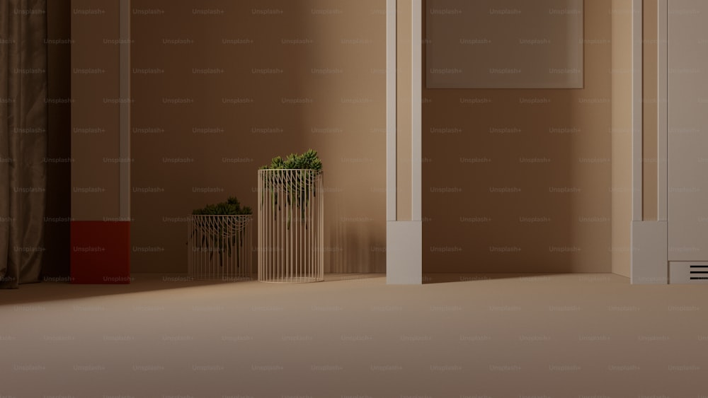 an empty room with a plant in the corner
