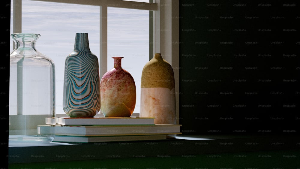 a group of vases sitting on top of a window sill