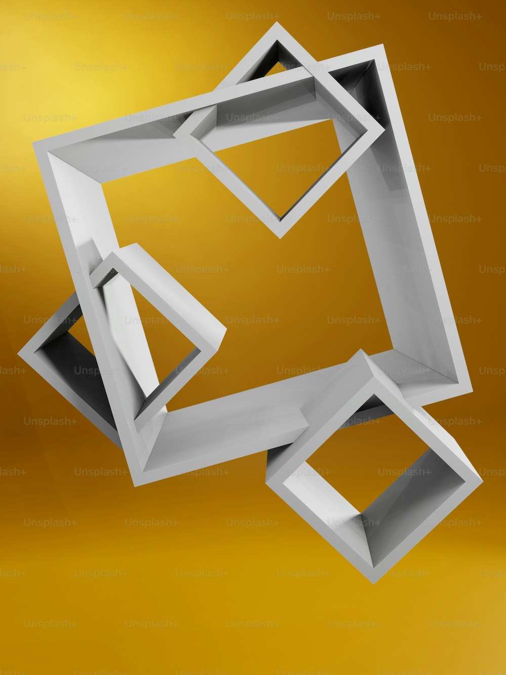 Un'immagine 3D di un oggetto bianco con sfondo giallo