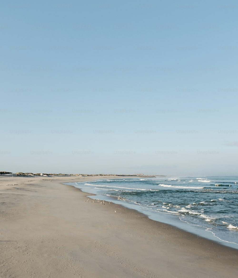 a sandy beach next to the ocean under a blue sky