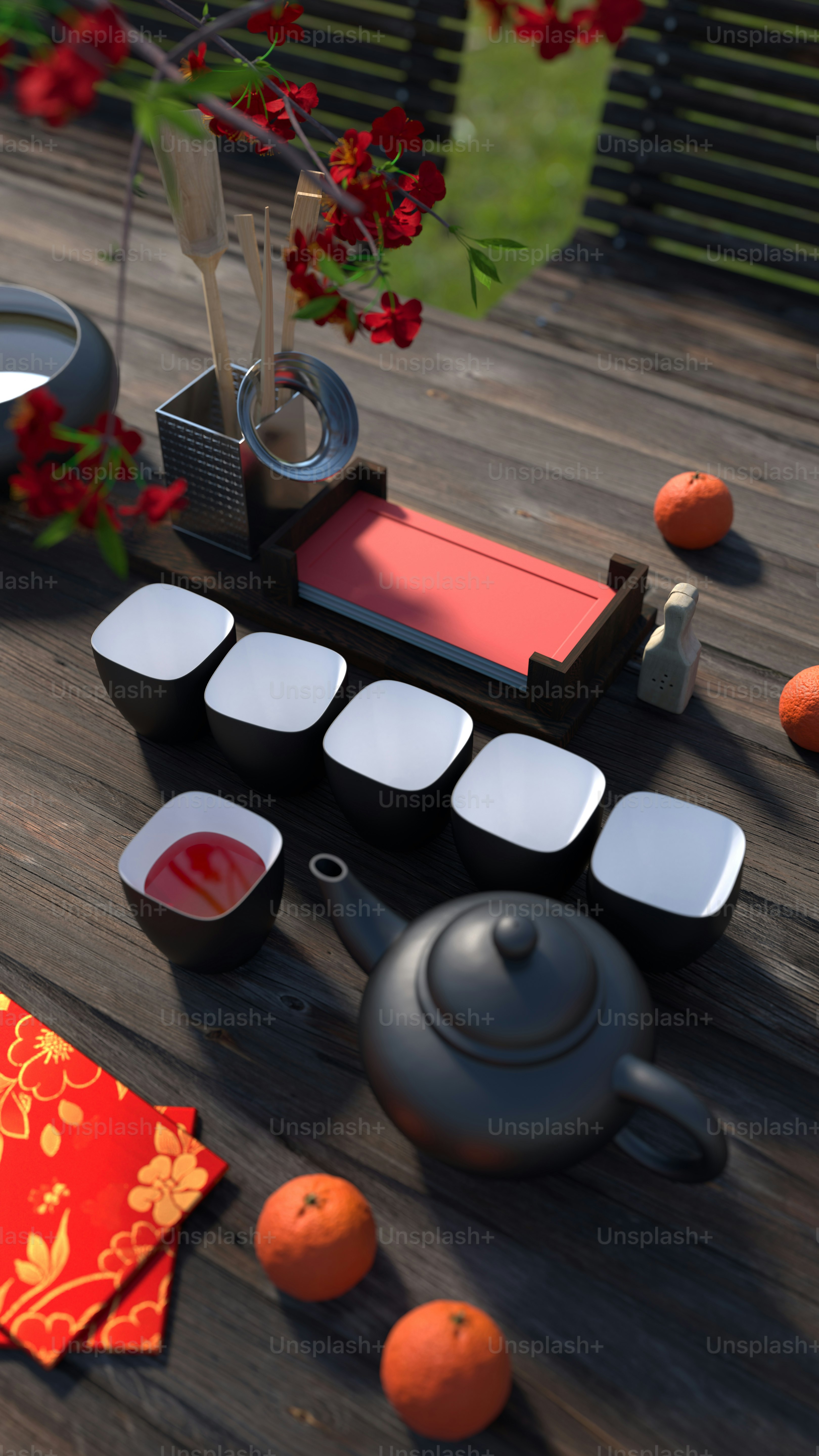 皿とボウルをトッピングした木製のテーブル