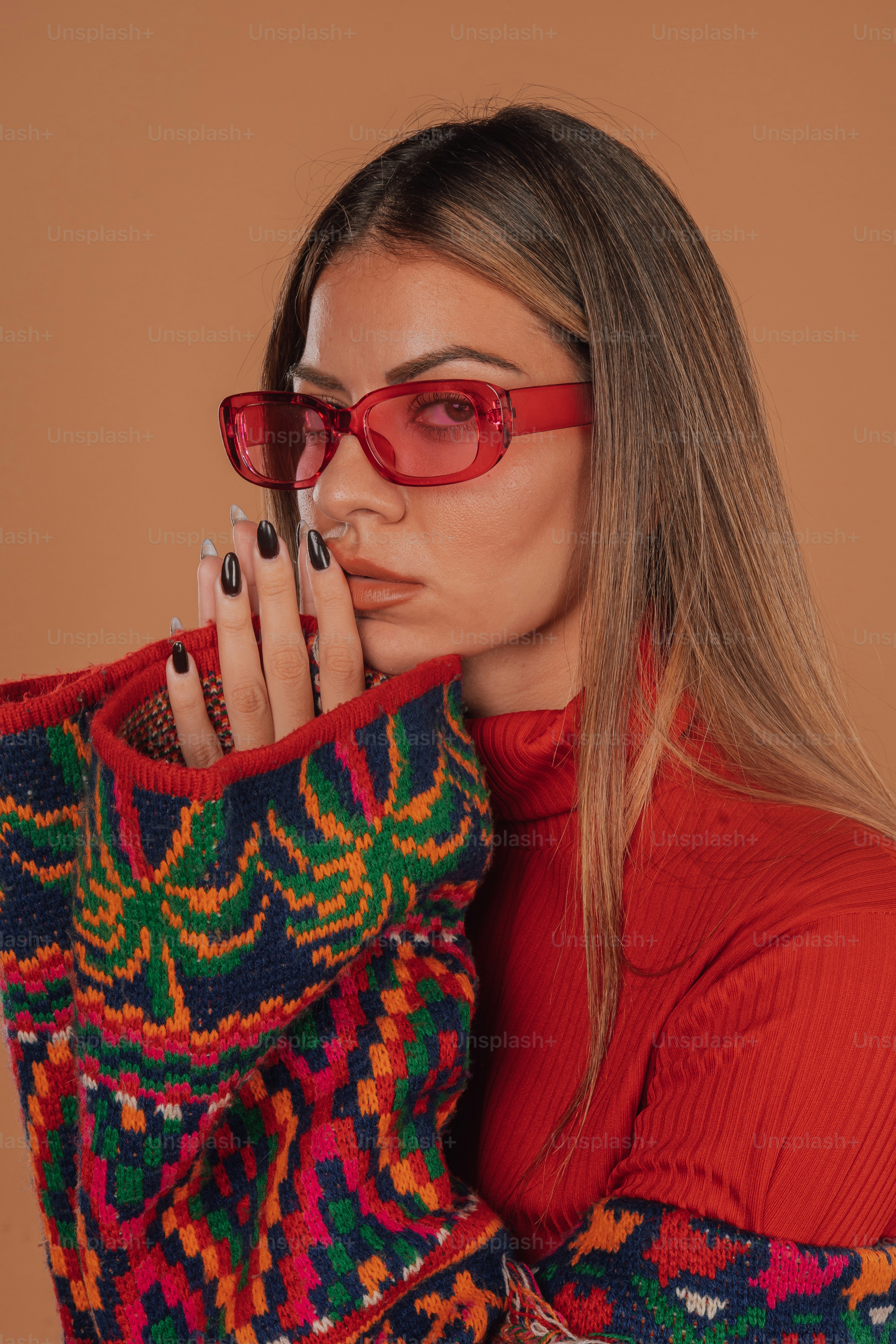 A woman wearing red glasses and a sweater photo – Portrait Image on ...