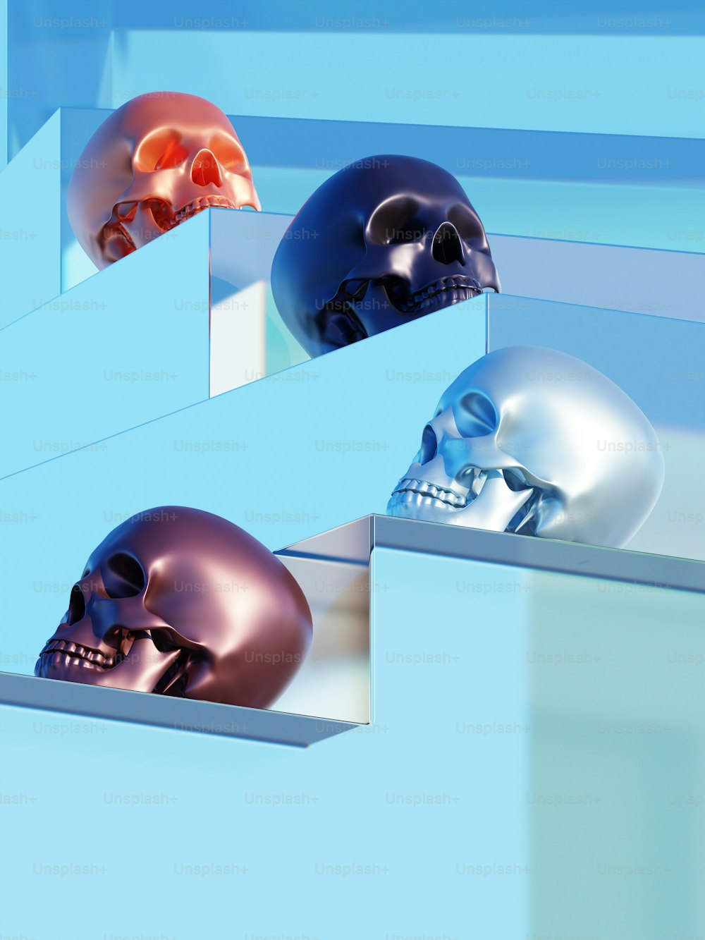 a group of three skulls sitting on top of a shelf