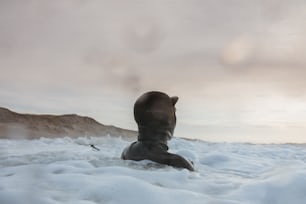 a person sitting in the middle of a snow covered field