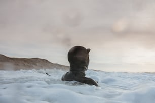 Una persona seduta nel mezzo di un campo coperto di neve