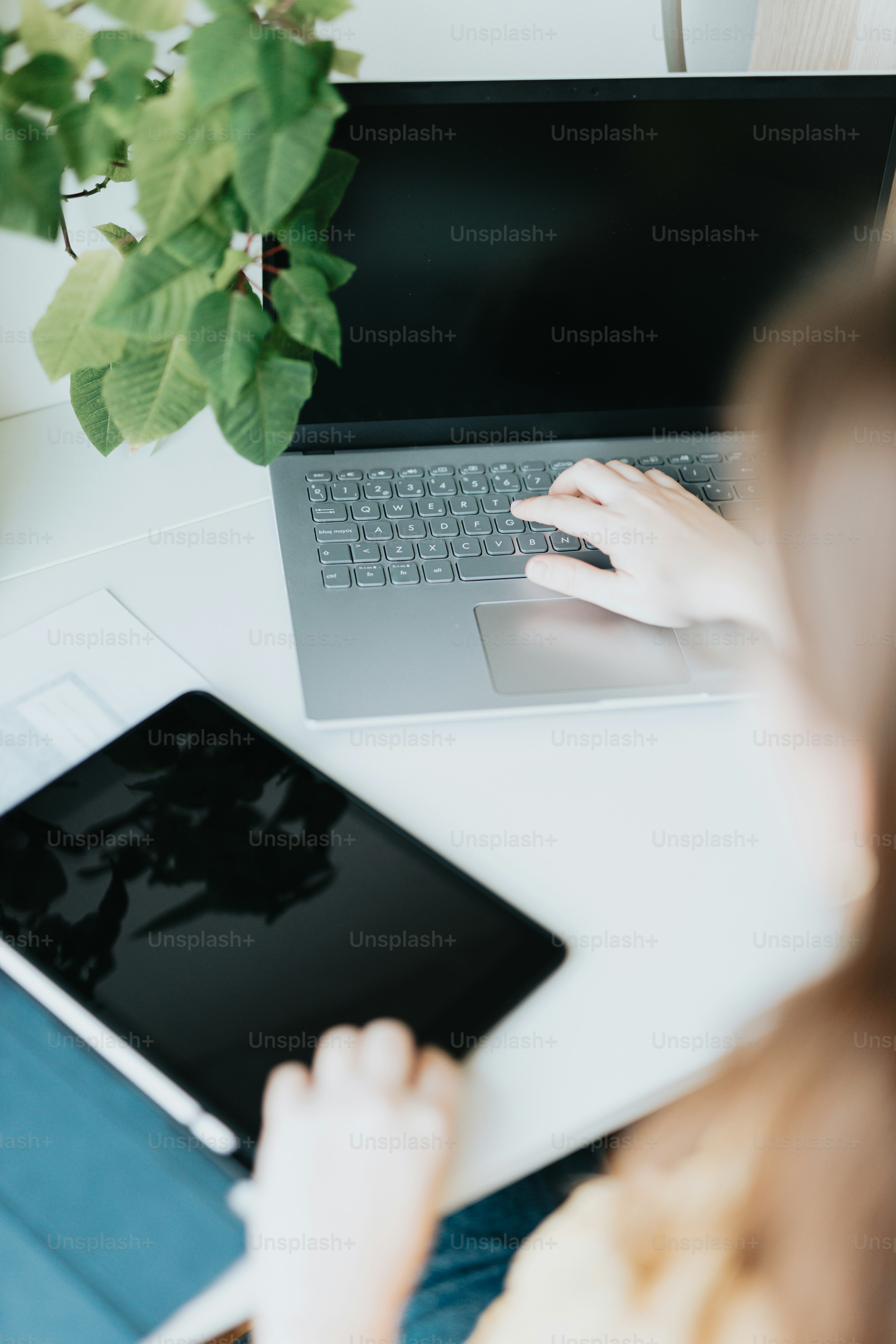 A woman sitting at a desk using a laptop computer photo – Technology ...