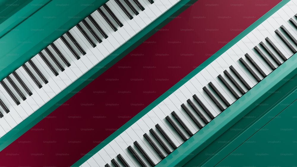 Un primer plano de un teclado de piano con teclas rojas y verdes