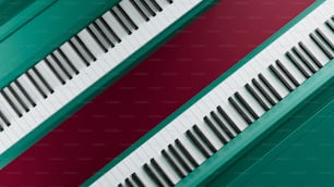 a close up of a piano keyboard with red and green keys