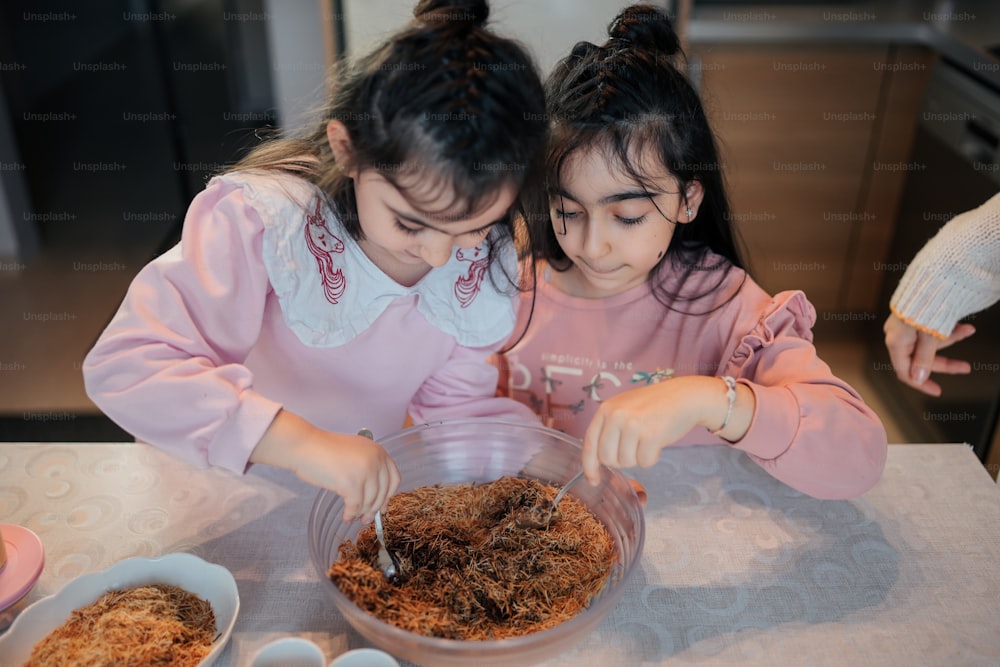 two young girls are mixing food in a bowl
