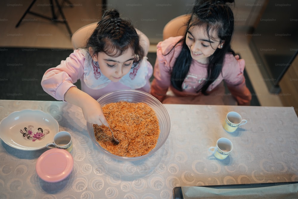 two young girls sitting at a table making food