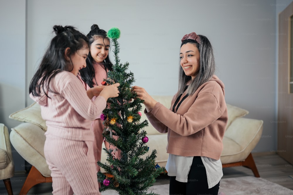 duas meninas decorando uma árvore de Natal juntos