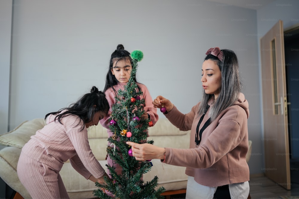 two women decorating a christmas tree in a living room