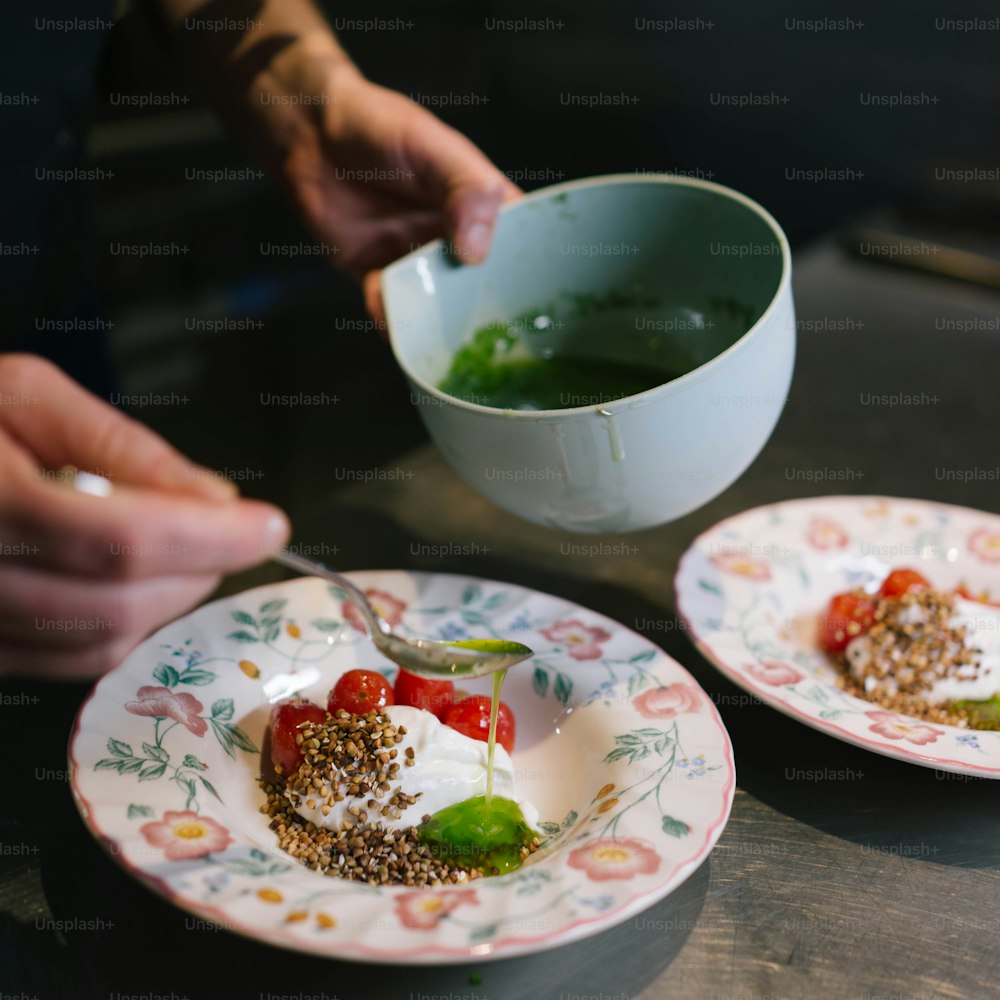 a bowl of soup and a plate of food on a table