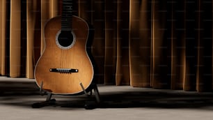 a wooden guitar sitting on a stand in front of a curtain