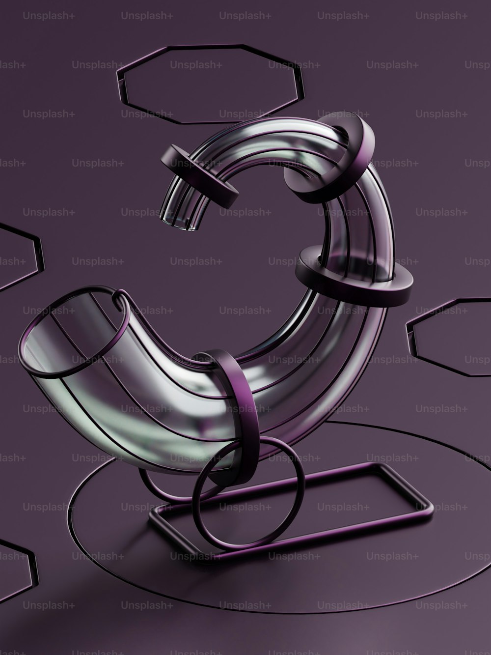 a metal object on a purple background with hexagonal shapes