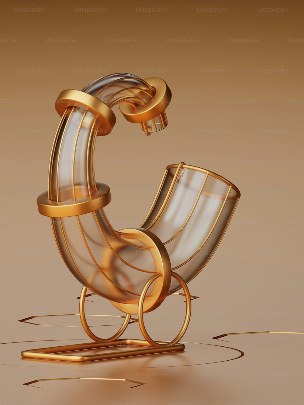 a golden rocking chair on a brown background