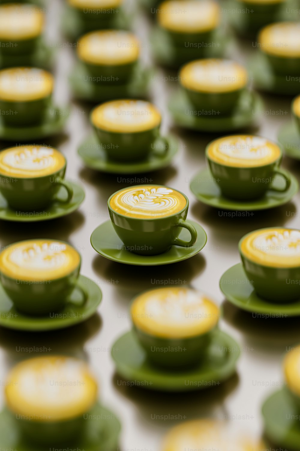 a table topped with green cups and saucers