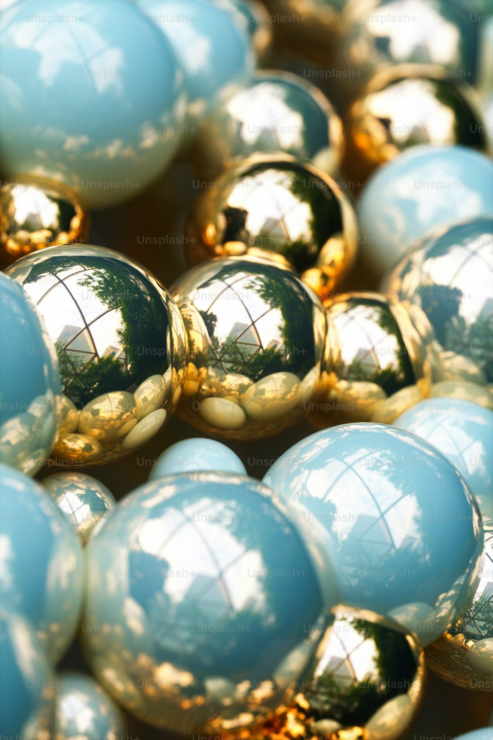 a bunch of shiny blue and gold balls