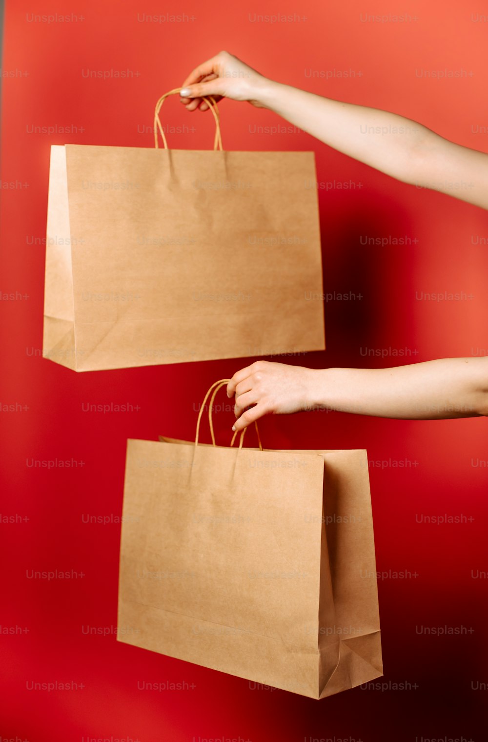 a pair of hands holding brown paper bags