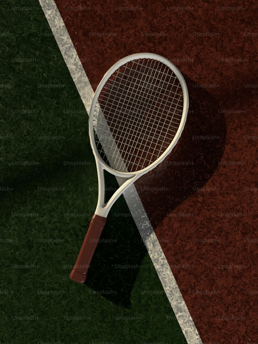 uma raquete de tênis deitada em uma quadra de tênis