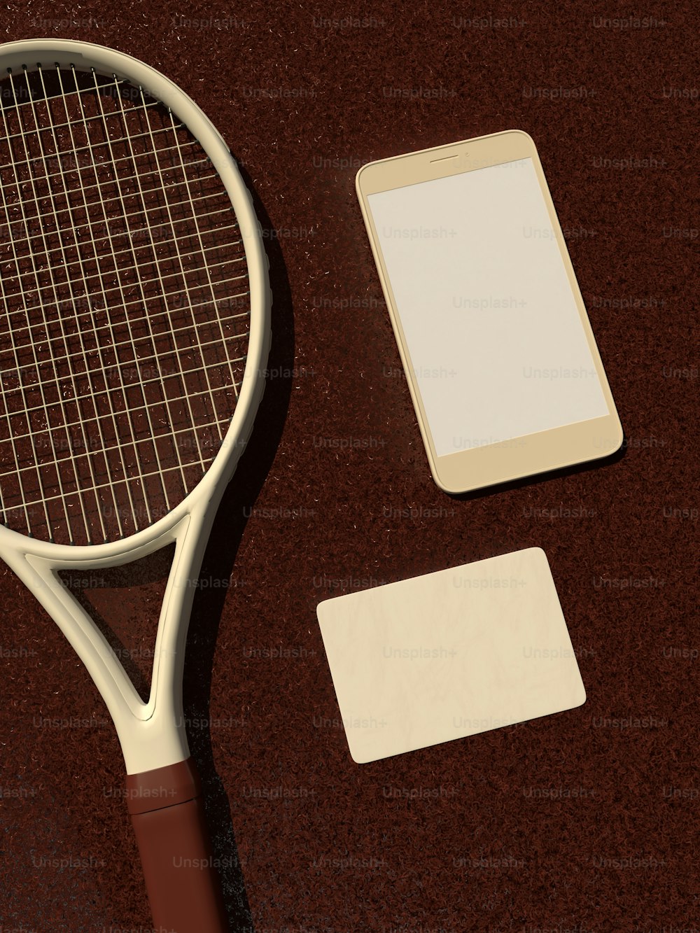 um telefone e uma raquete de tênis em uma mesa