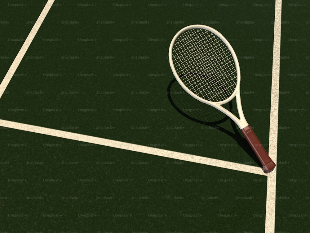 uma raquete de tênis está deitada em uma quadra de tênis