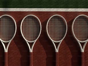 quatro raquetes de tênis alinhadas contra uma parede