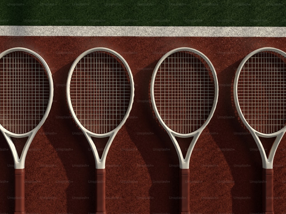 Quattro racchette da tennis allineate contro un muro