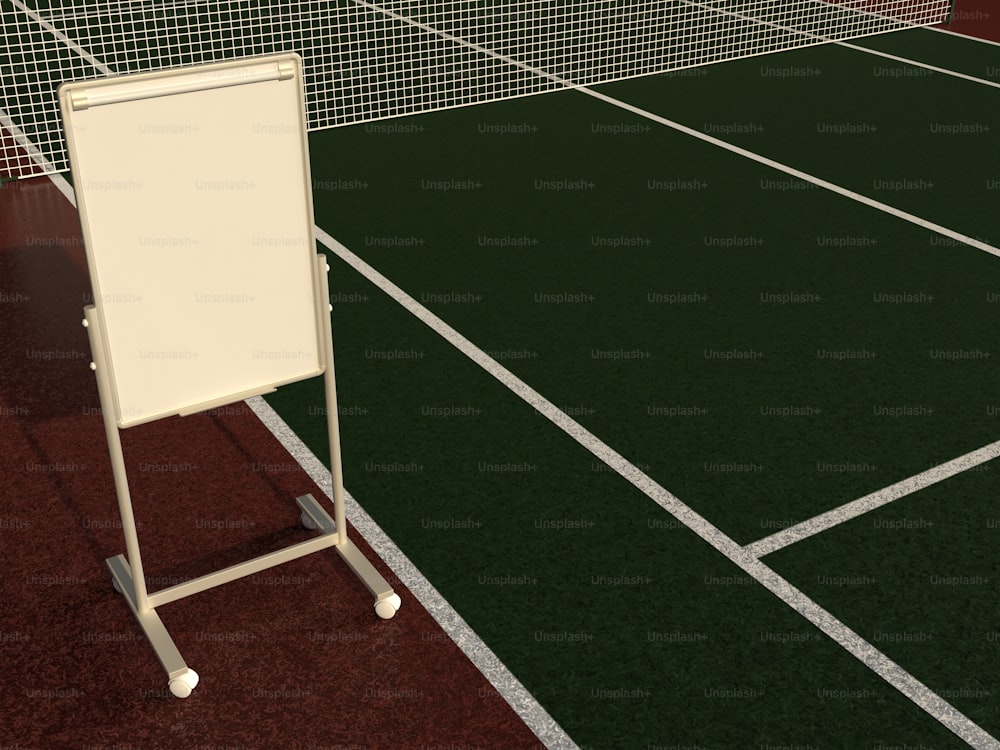 a tennis court with a white board on it