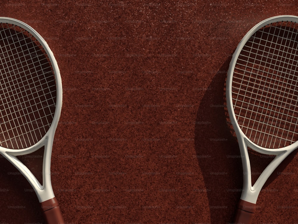 duas raquetes de tênis deitadas em uma superfície marrom