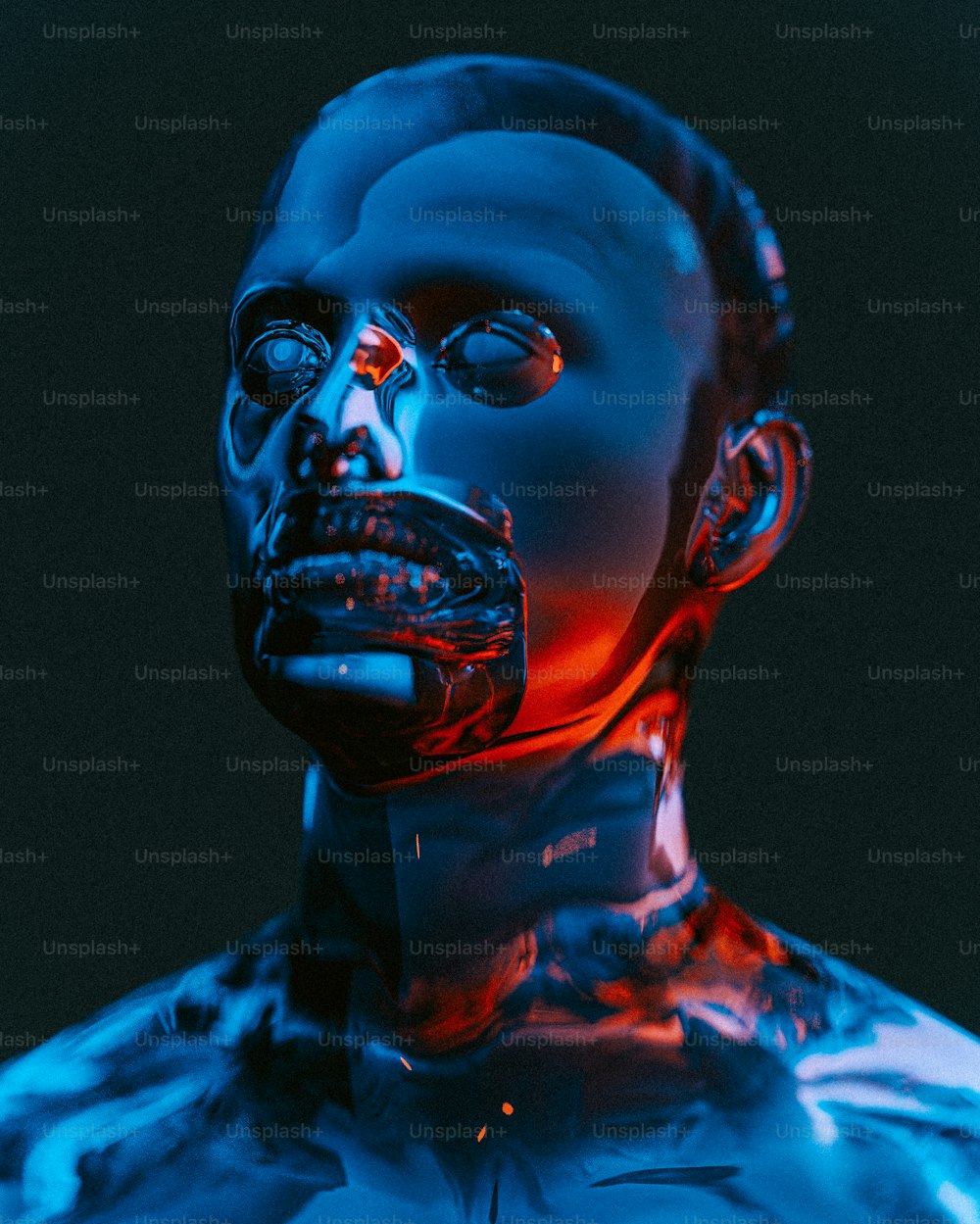 Un uomo con una luce blu e rossa sul viso