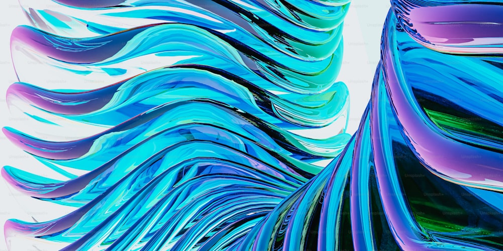 an abstract painting of blue and purple waves