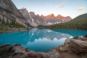 un lac bleu entouré de montagnes et d’arbres