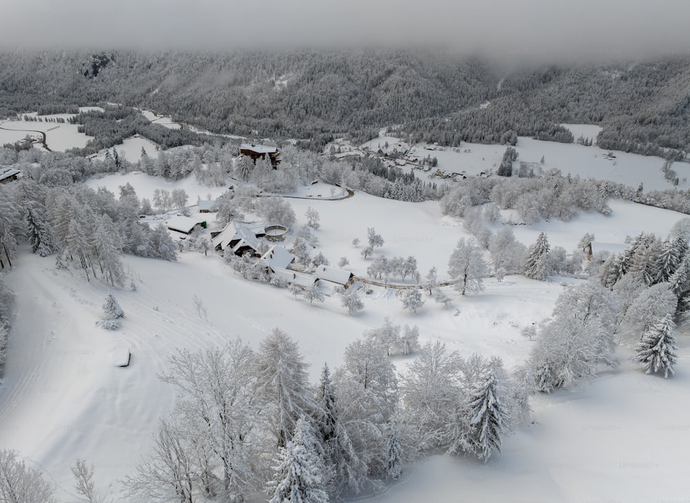 an aerial view of a ski resort surrounded by trees