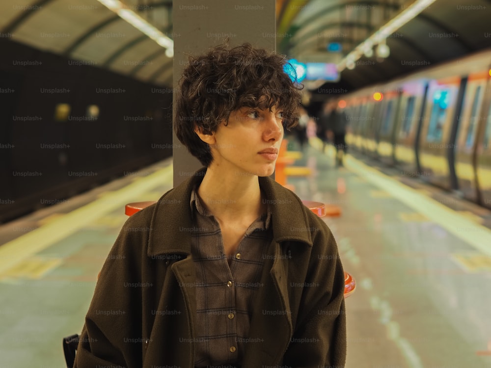 Un joven parado frente a un tren subterráneo