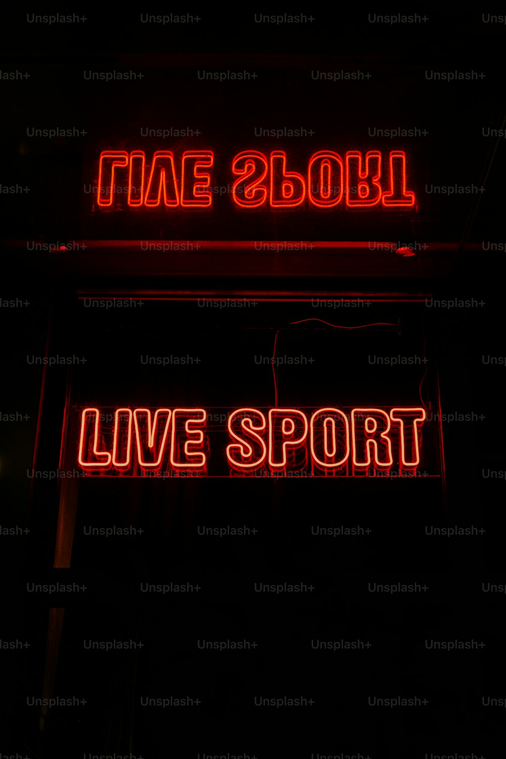 a neon sign that says live sport in a dark room