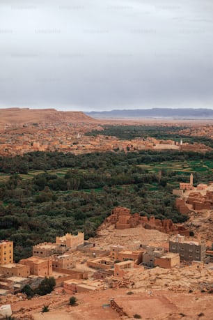 a view of a small village in the middle of a desert