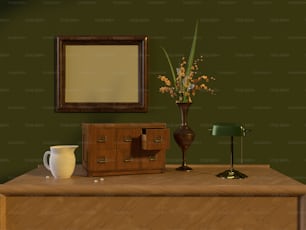 une table avec un vase et un miroir dessus