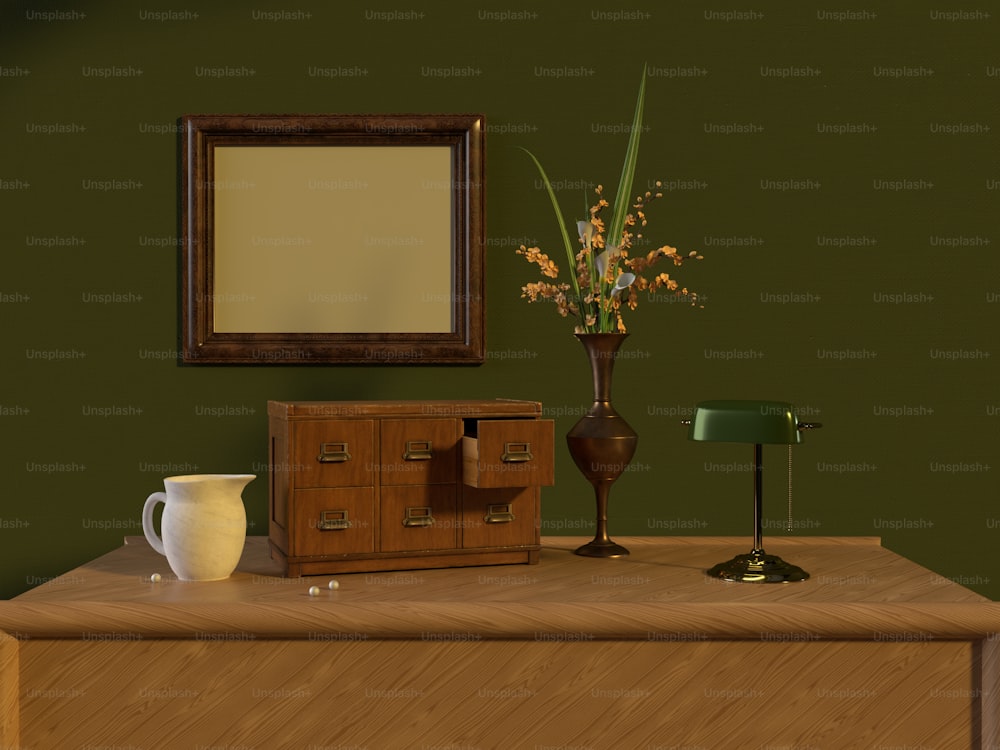 ein Tisch mit einer Vase und einem Spiegel darauf