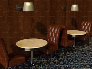 três cadeiras e uma mesa em uma sala