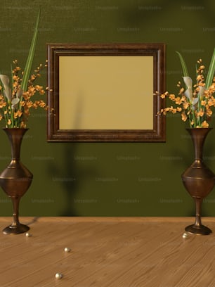 two vases with flowers in front of a mirror