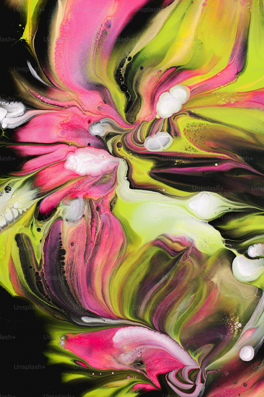 an abstract painting of pink, green and white flowers