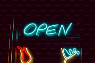 a neon sign that says open and a pair of scissors