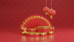 un fondo rojo con un abanico, cajas de regalo y linternas